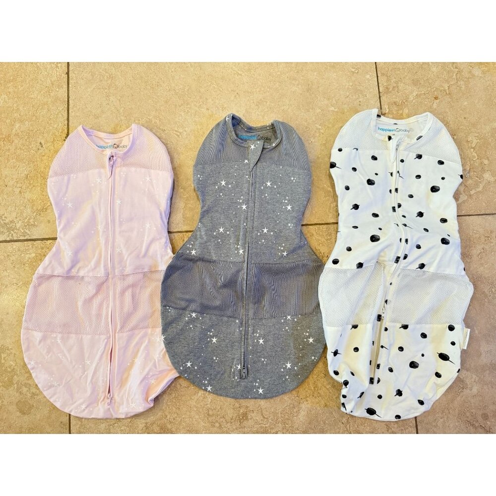Set Of 3 Happiest Baby Sleep Pea Sacks S/M Pink Gray & White With Stars & Dots P